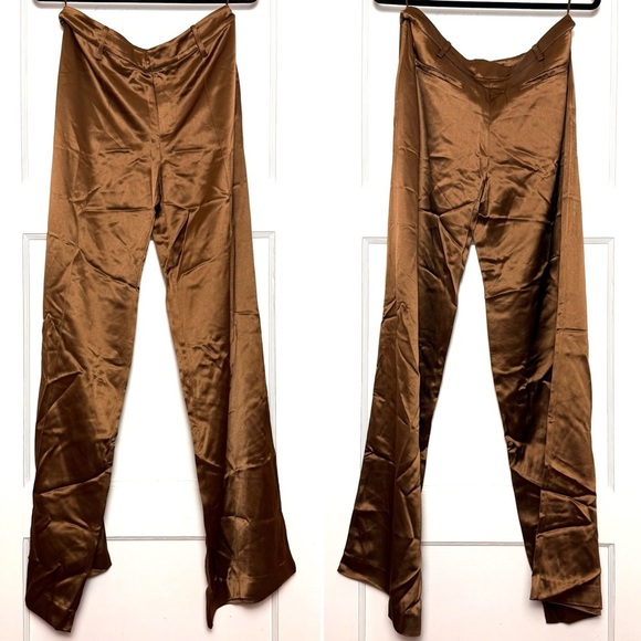 NWT RETROFETE Cognac Satin Low Rise Wide Leg Tailored Eliza Trousers M - Picture 3 of 9